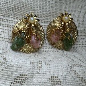 Vintage Gold Floral Clip On Earrings Green Pink Stone Accents Estate Purchased